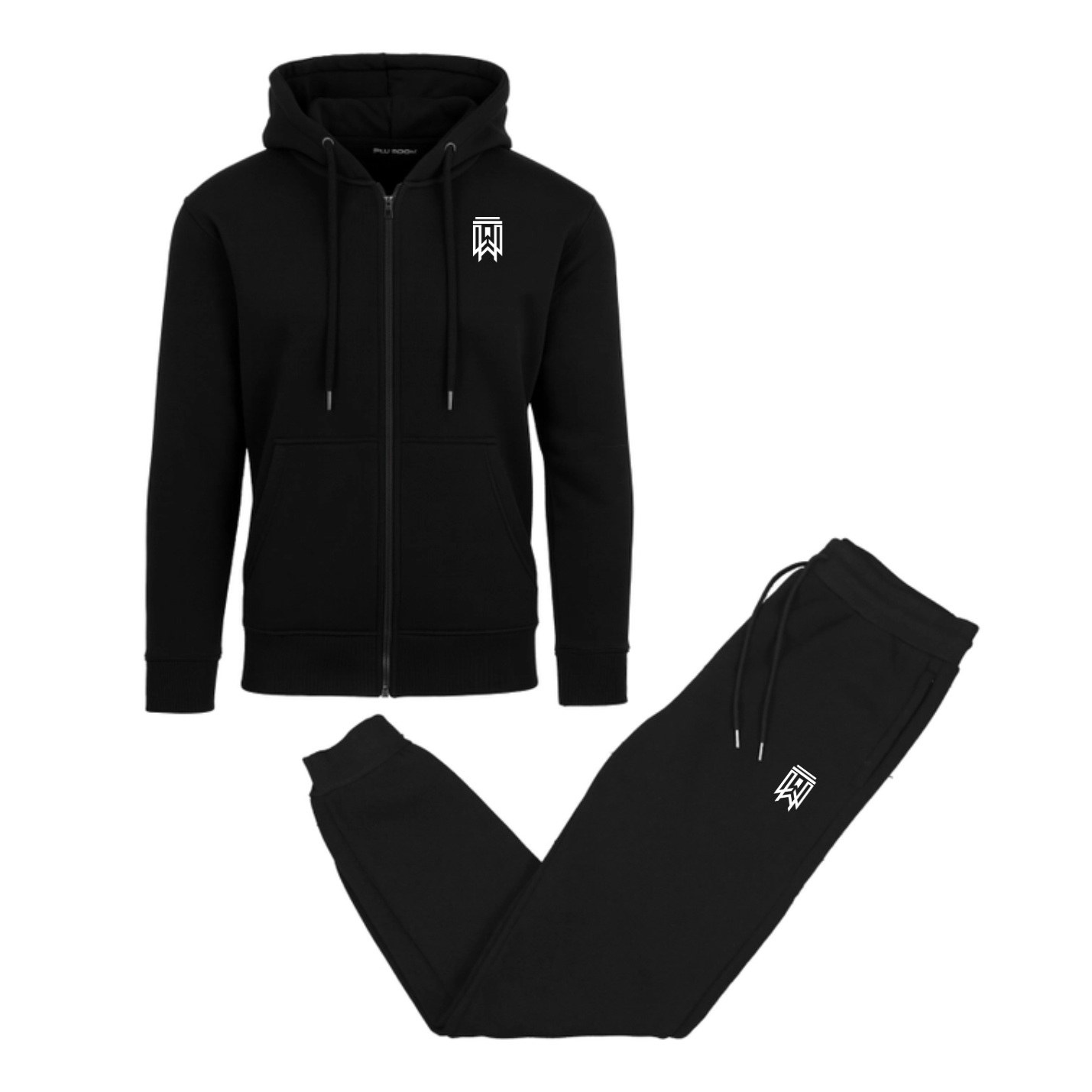 Black tracksuit set with a logo on a white background