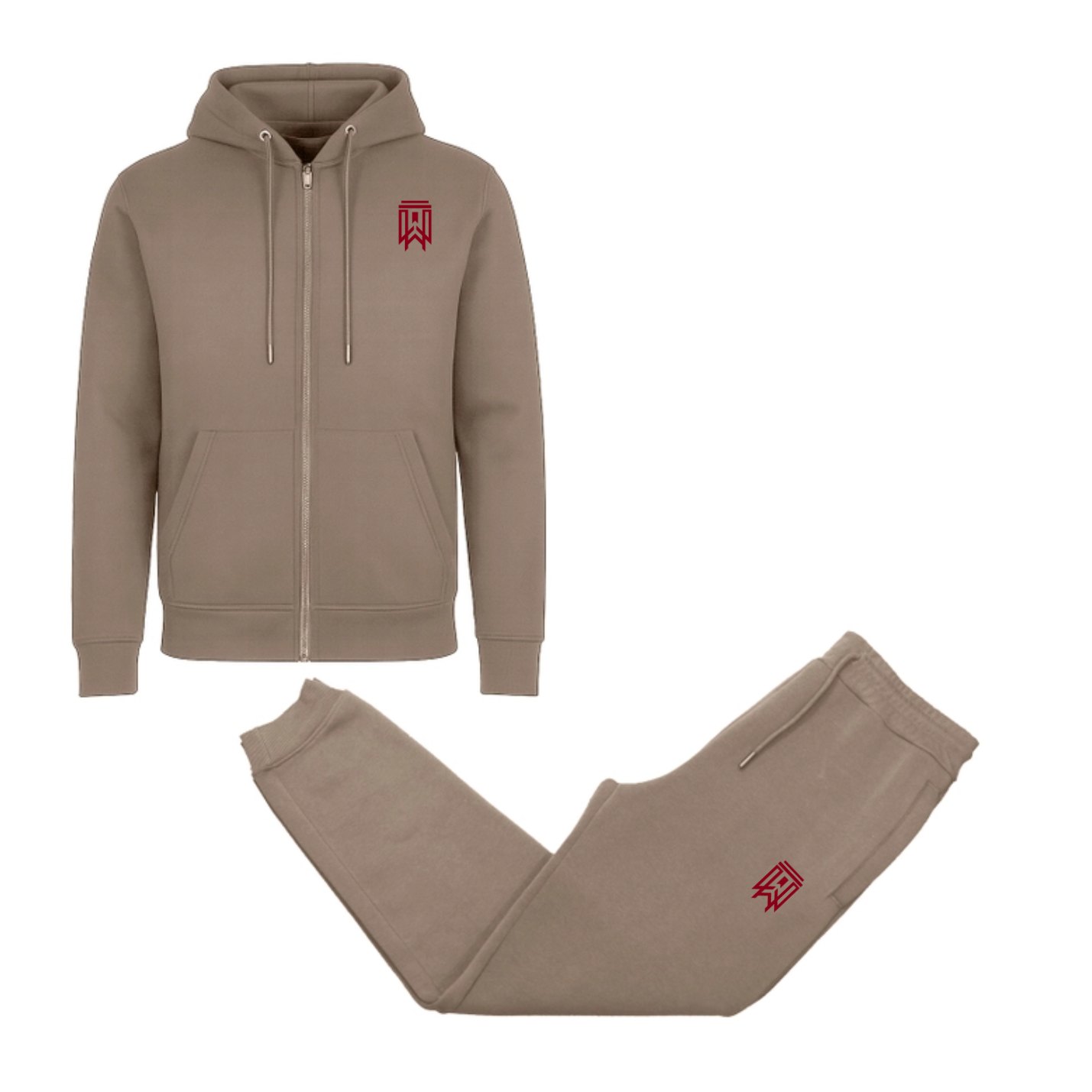 Brown tracksuit with a red logo on a white background