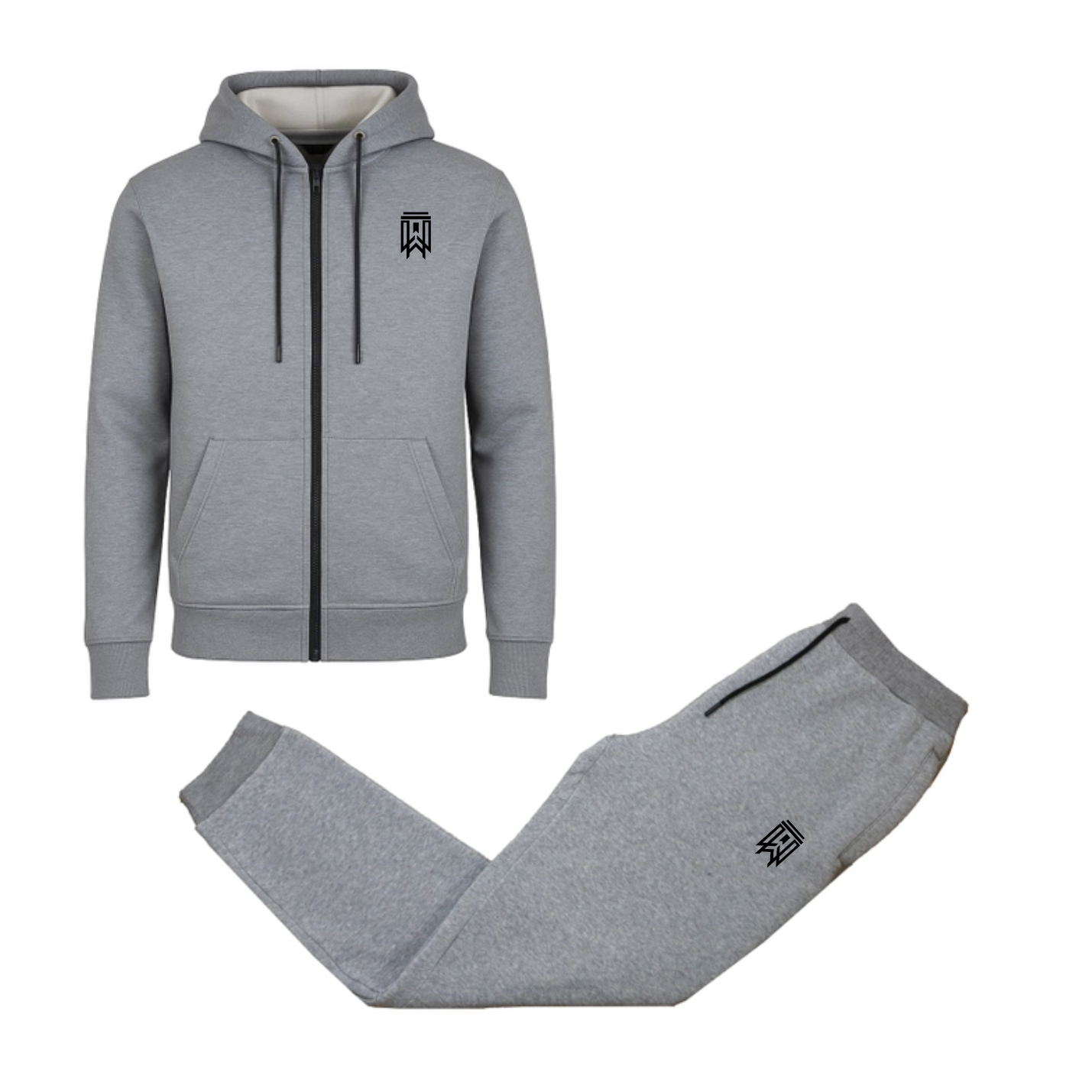 Gray tracksuit with a logo on a white background