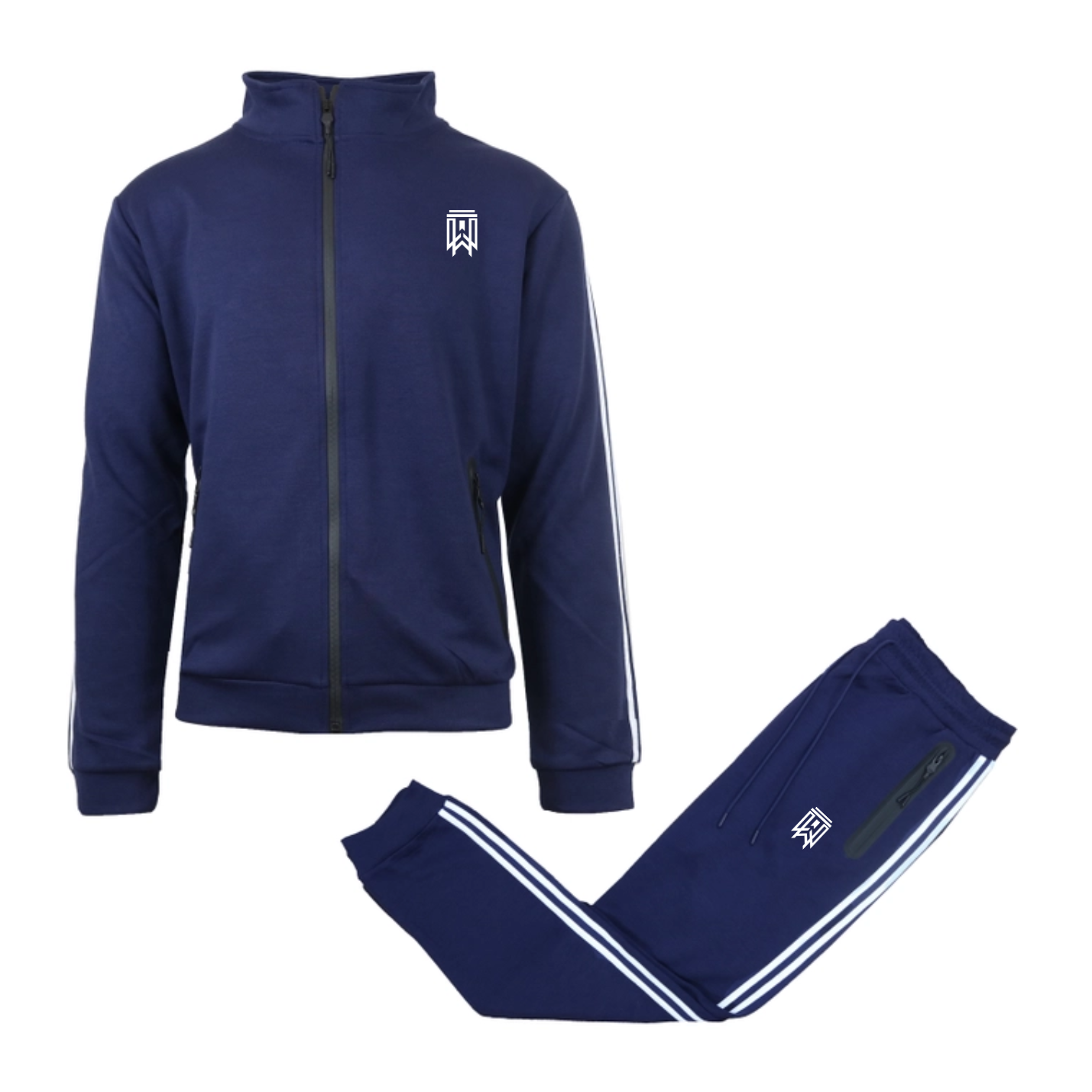 Women's Navy tracksuit with white stripes on a white background